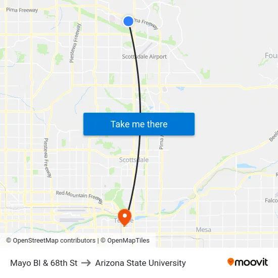 Mayo Bl & 68th St to Arizona State University map