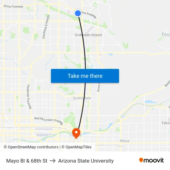 Mayo Bl & 68th St to Arizona State University map
