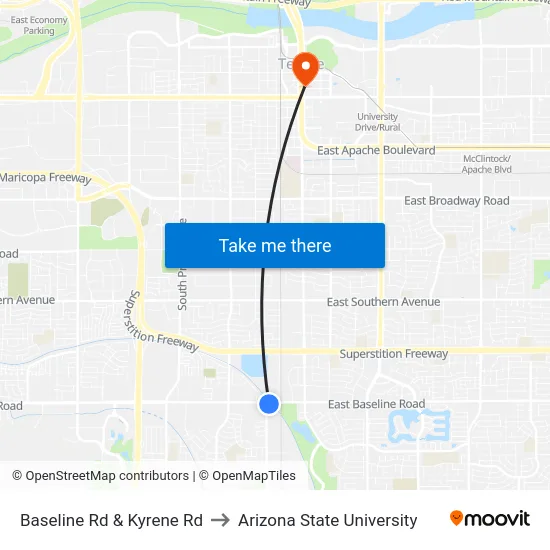 Baseline Rd & Kyrene Rd to Arizona State University map