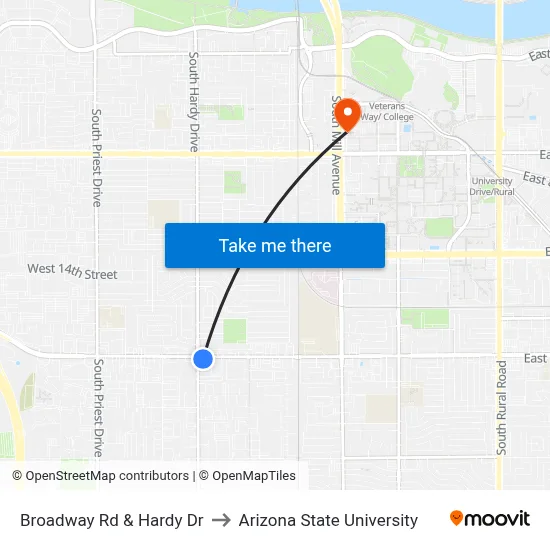 Broadway Rd & Hardy Dr to Arizona State University map
