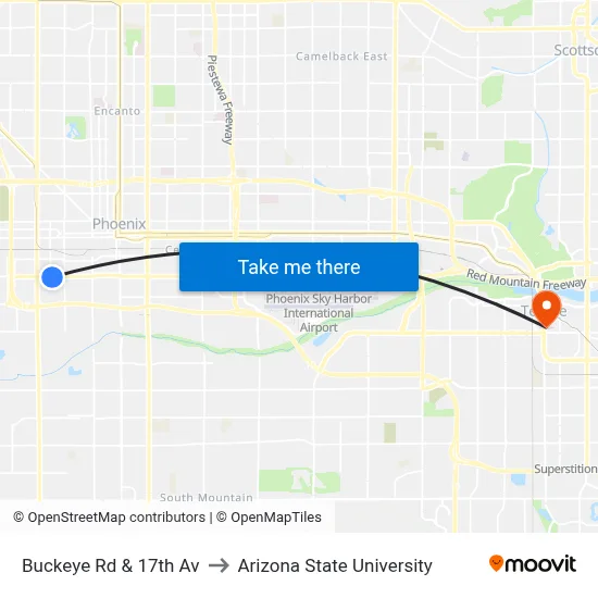 Buckeye Rd & 17th Av to Arizona State University map