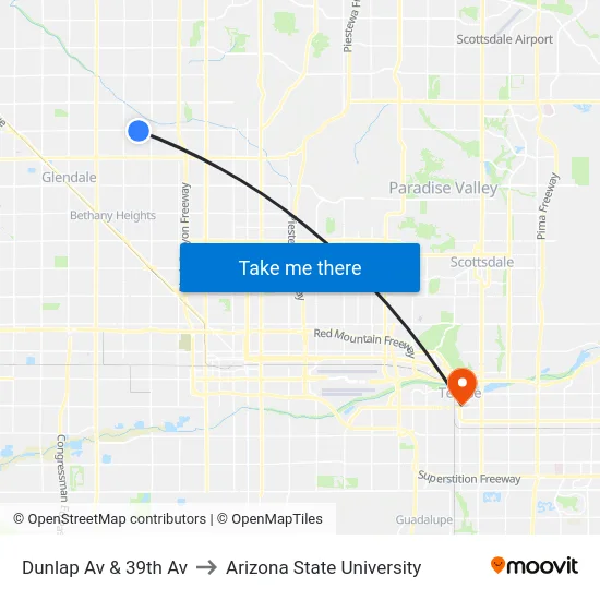 Dunlap Av & 39th Av to Arizona State University map