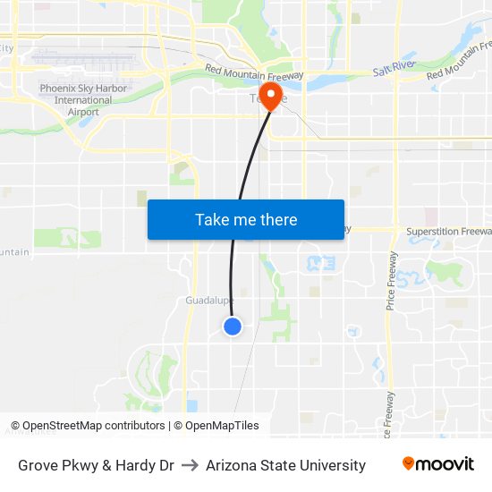 Grove Pkwy & Hardy Dr to Arizona State University map