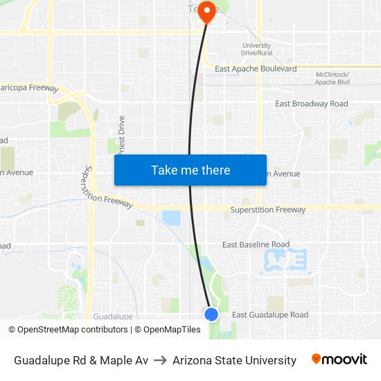 Guadalupe Rd & Maple Av to Arizona State University map