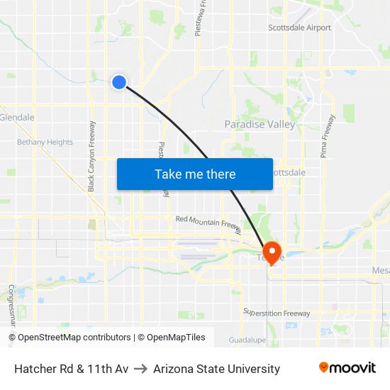 Hatcher Rd & 11th Av to Arizona State University map