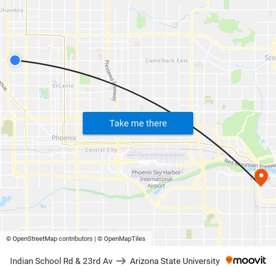 Indian School Rd & 23rd Av to Arizona State University map
