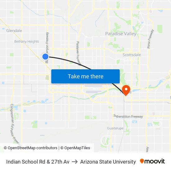 Indian School Rd & 27th Av to Arizona State University map