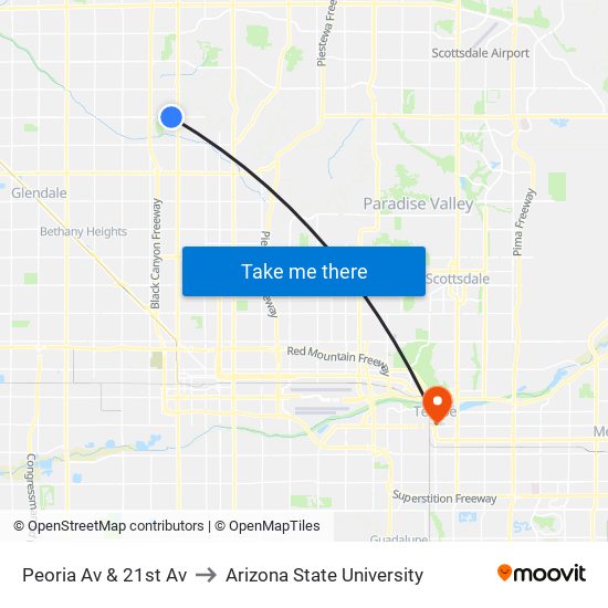 Peoria Av & 21st Av to Arizona State University map