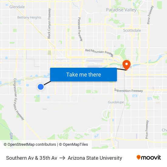 Southern Av & 35th Av to Arizona State University map
