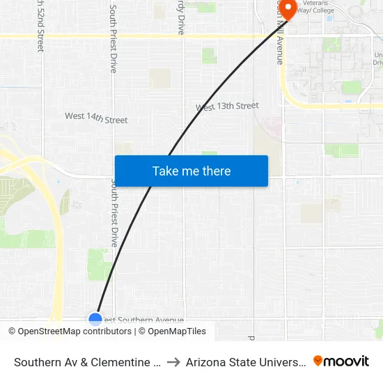 Southern Av & Clementine Dr to Arizona State University map