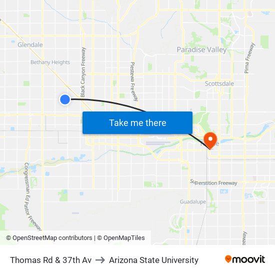 Thomas Rd & 37th Av to Arizona State University map