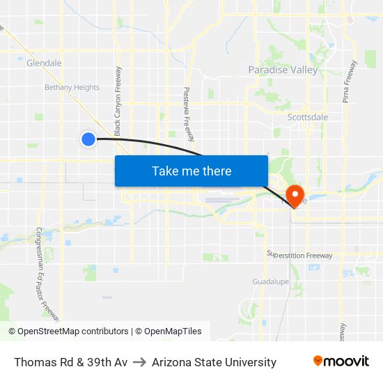 Thomas Rd & 39th Av to Arizona State University map