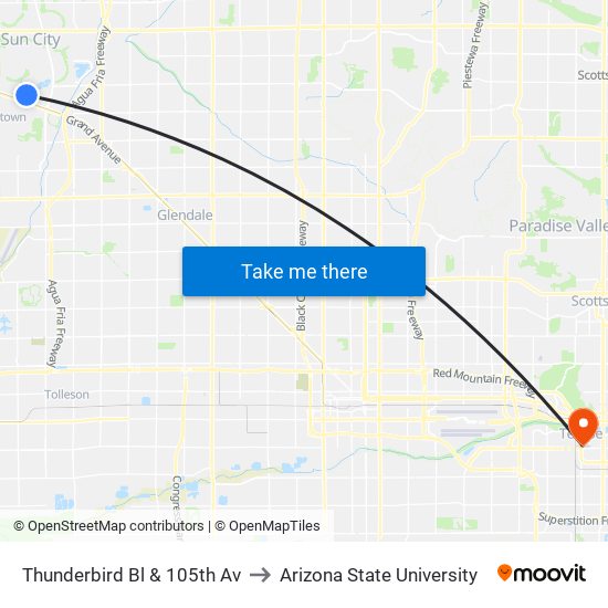 Thunderbird Bl & 105th Av to Arizona State University map