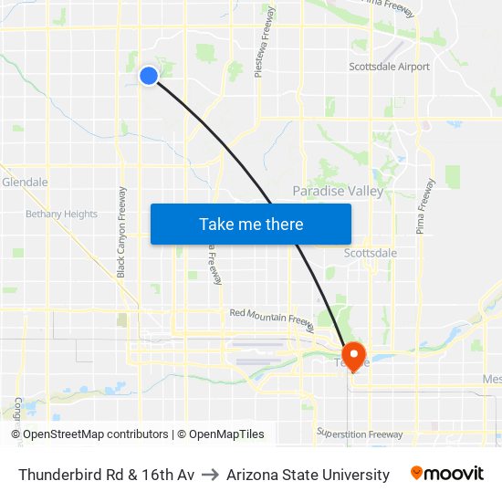 Thunderbird Rd & 16th Av to Arizona State University map