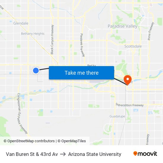 Van Buren St & 43rd Av to Arizona State University map