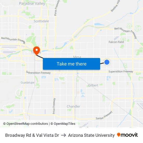 Broadway Rd & Val Vista Dr to Arizona State University map