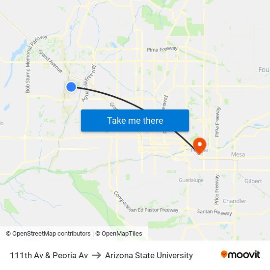 111th Av & Peoria Av to Arizona State University map