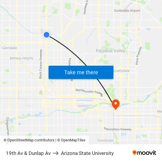 19th Av & Dunlap Av to Arizona State University map