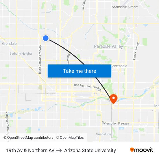 19th Av & Northern Av to Arizona State University map