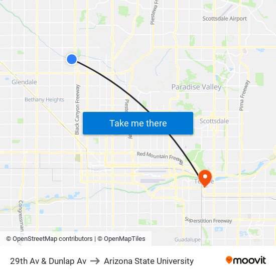 29th Av & Dunlap Av to Arizona State University map