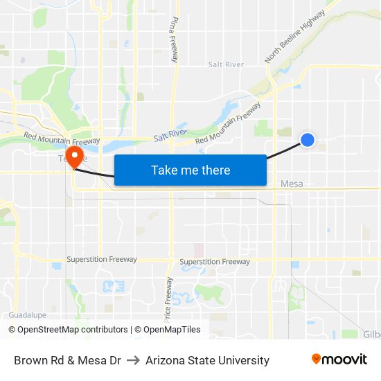Brown Rd & Mesa Dr to Arizona State University map