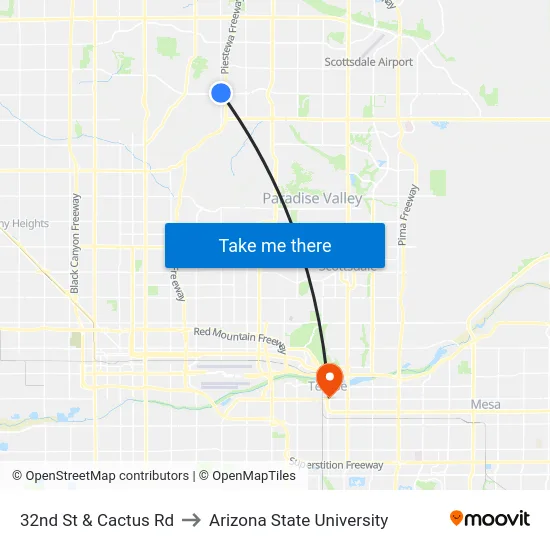 32nd St & Cactus Rd to Arizona State University map