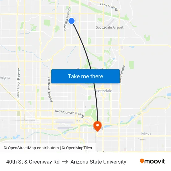 40th St & Greenway Rd to Arizona State University map
