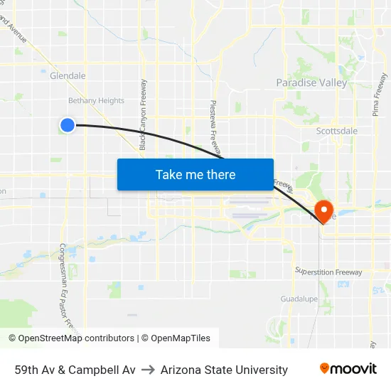 59th Av & Campbell Av to Arizona State University map