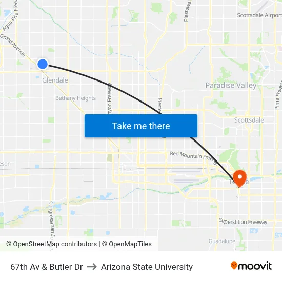 67th Av & Butler Dr to Arizona State University map