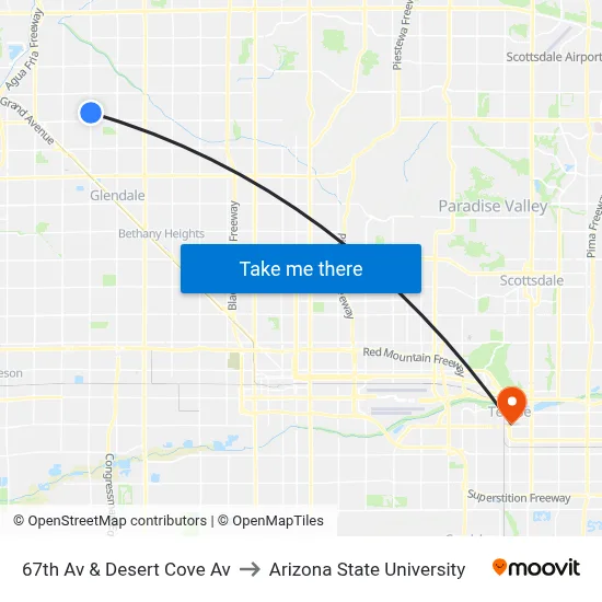 67th Av & Desert Cove Av to Arizona State University map