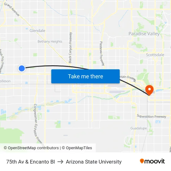 75th Av & Encanto Bl to Arizona State University map
