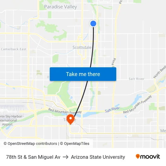 78th St & San Miguel Av to Arizona State University map