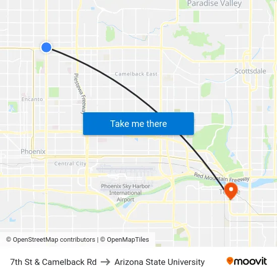 7th St & Camelback Rd to Arizona State University map