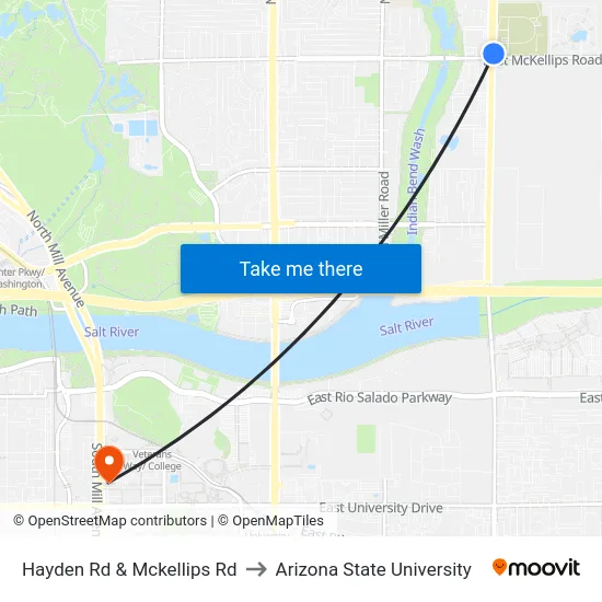 Hayden Rd & Mckellips Rd to Arizona State University map