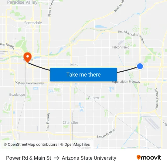 Power Rd & Main St to Arizona State University map