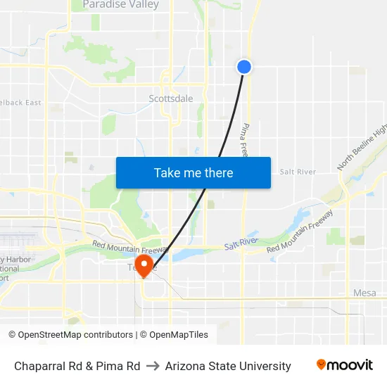 Chaparral Rd & Pima Rd to Arizona State University map