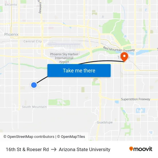 16th St & Roeser Rd to Arizona State University map