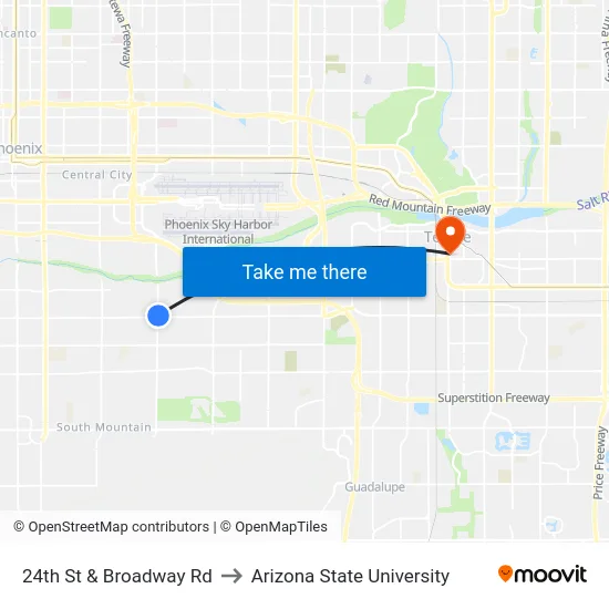 24th St & Broadway Rd to Arizona State University map