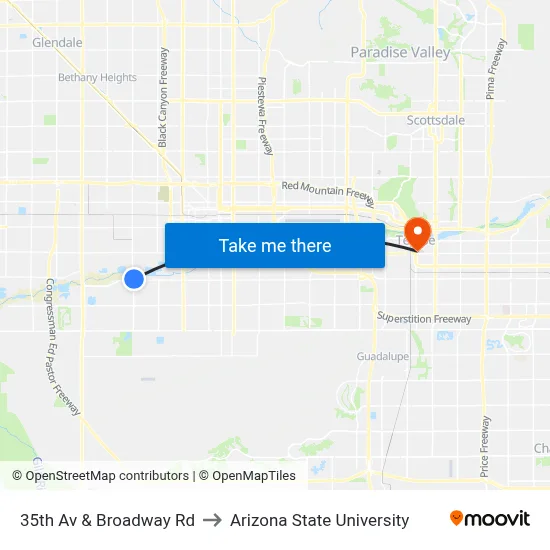 35th Av & Broadway Rd to Arizona State University map