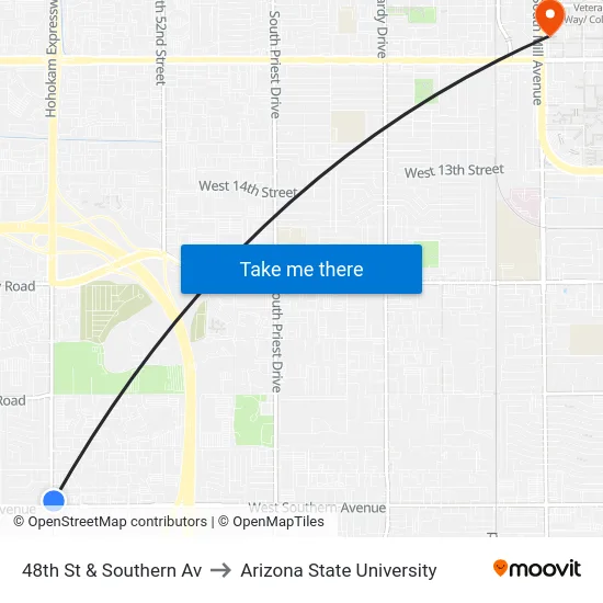 48th St & Southern Av to Arizona State University map