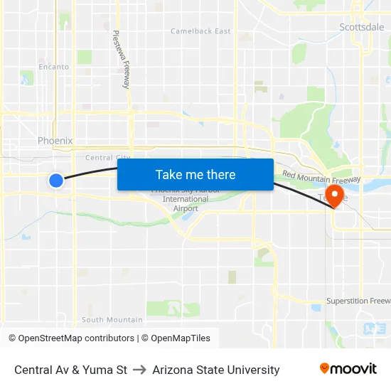 Central Av & Yuma St to Arizona State University map