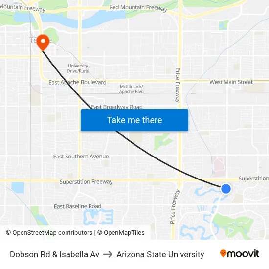 Dobson Rd & Isabella Av to Arizona State University map