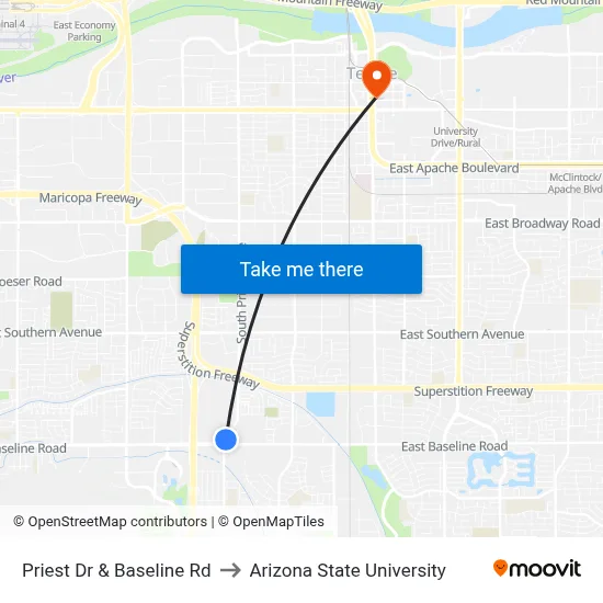 Priest Dr & Baseline Rd to Arizona State University map
