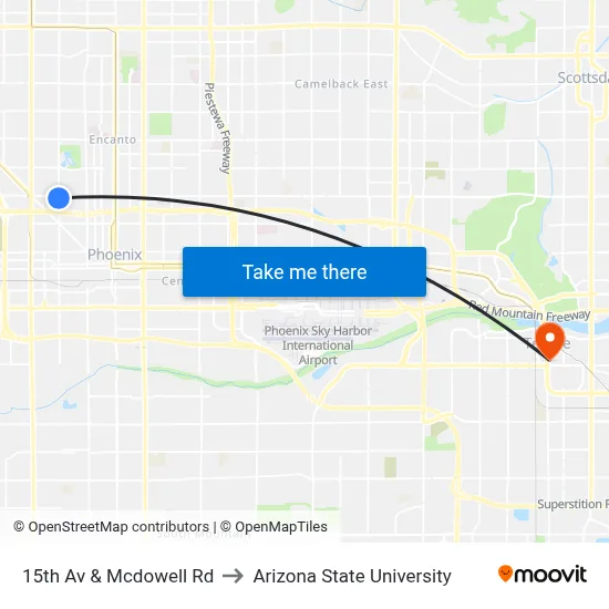 15th Av & Mcdowell Rd to Arizona State University map