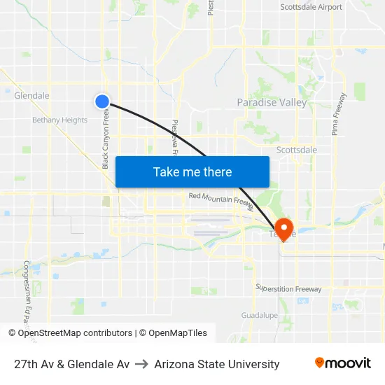27th Av & Glendale Av to Arizona State University map