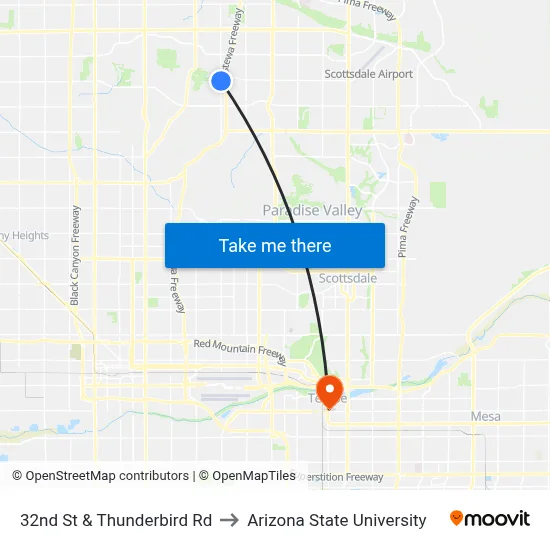 32nd St & Thunderbird Rd to Arizona State University map