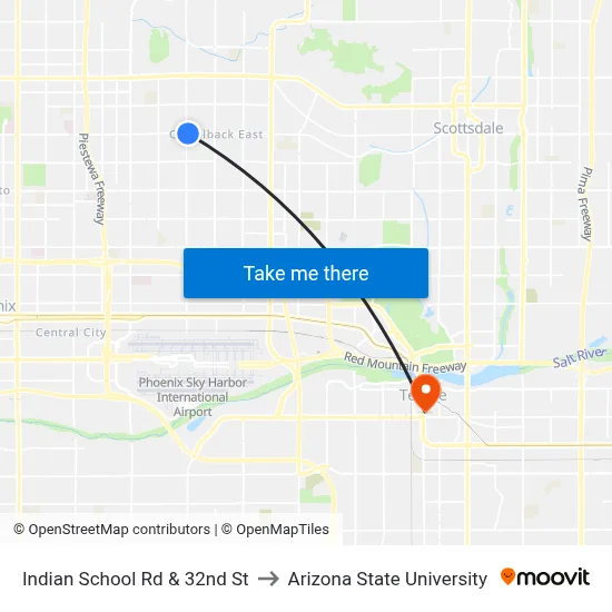 Indian School Rd & 32nd St to Arizona State University map