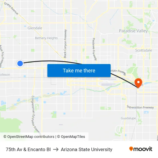 75th Av & Encanto Bl to Arizona State University map