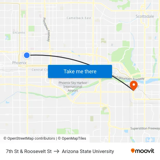 7th St & Roosevelt St to Arizona State University map