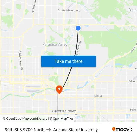 90th St & 9700 North to Arizona State University map